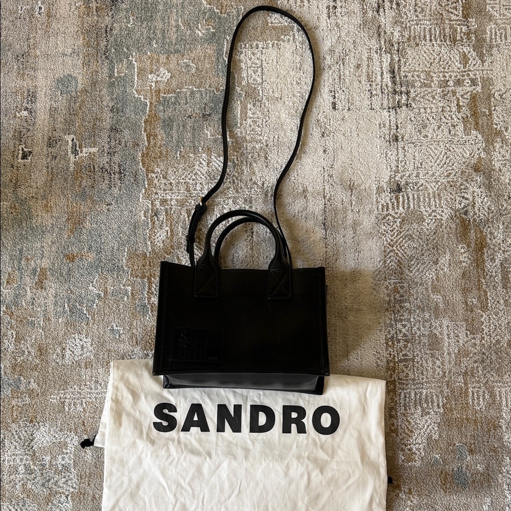 Sandro Black Mini Leather Tote with Long Strap
